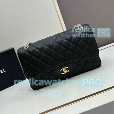 Replica Chane1 Small Classic Handbag Black Grained Calfskin Gold-Tone Metal